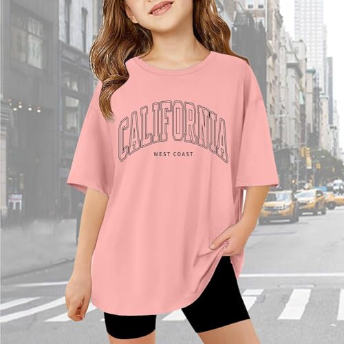 California T Shirts for Girls Letter Print Graphic Tees Oversized Casual Loose Drop Shoulder Short Sleeve Basic Summer Tops2