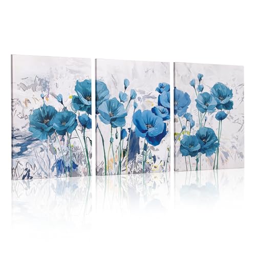 Sequpr Juego de 3 lienzos con diseño de flor azul, juego de 3 unidades, impresión artística moderna para salón, dormitorio, cocina, comedor y oficina, 30 x 40 cm