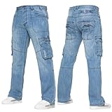 989Zé ENZO Mens Cargo Combat Jeans Casual Cotton Denim Straight Leg Pants Trousers Light Blue 34W / 32L