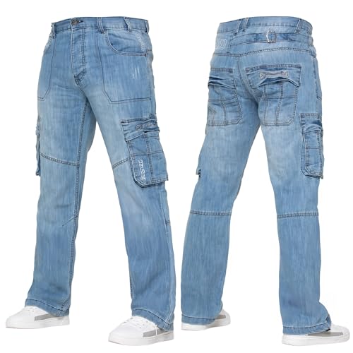 989Zé ENZO Mens Cargo Combat Jeans Casual Cotton Denim Straight Leg Pants Trousers Light Blue 34W / 32L