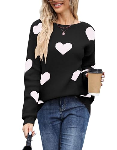 Drvitor Women's Pullover Sweaters Long Sleeve Crew Neck Cute Multi-Hearts Knitted Casual Sweater (Black&White, Small)