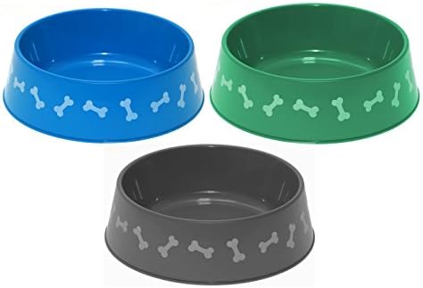 Pet Care Accessories Set of 3 Round 8.25" Plastic Dog Bowls, Blue, Gray, Green