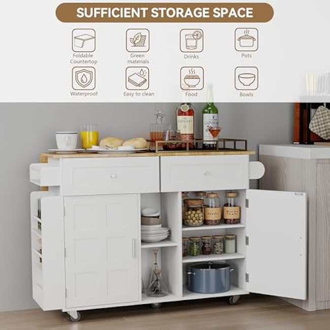 YOURLITE Kitchen Islands with Wheels, 45 Kitchen Island with Drop Leaf, Home Bar Table with Spice Rack & with Trash Cabinet, Rolling Island Table for Dining Room with Power Outlet, White-pCfgEu4k