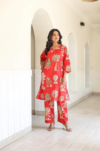 Image of LookMark Women's Viscose Rayon Printed Stitched Kurta with Pant | Red Color Kurta Set | Kurta with Pant Set for Woman | Printed Kurta Set