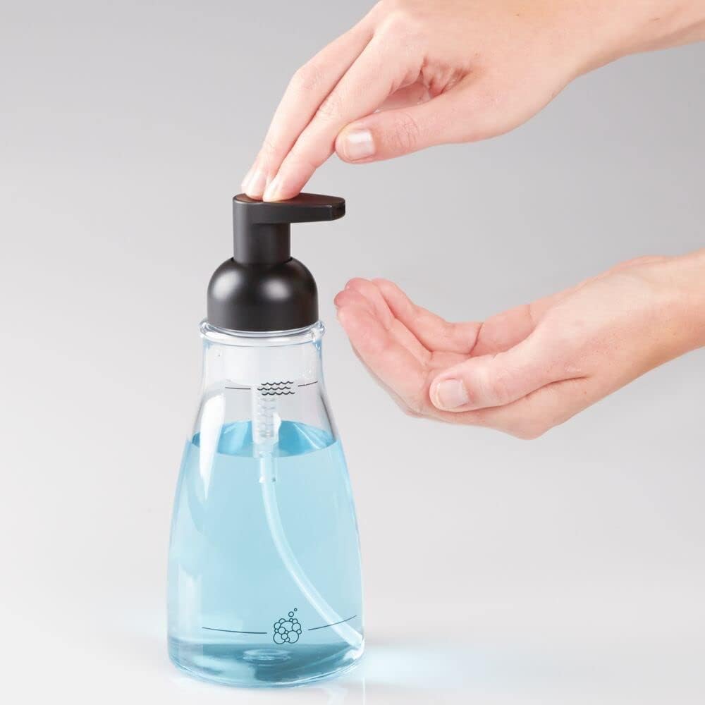 mDesign Round Plastic Refillable Foaming Hand Soap Dispenser Pump Bottle for Bathroom Vanities, Kitchen Sink, Countertops - 2 Pack - Clear/Matte Black