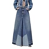 YADMISU Women's Distressed Patchwork Long Denim Skirt High Waist Frayed Raw Hem A-Line Maxi Jean Skirts,Blue,S