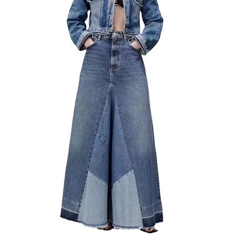 YADMISU Women's Distressed Patchwork Long Denim Skirt High Waist Frayed