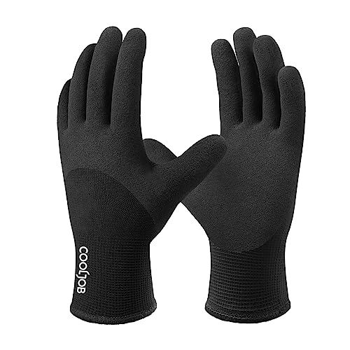 COOLJOB Work Gloves, Waterproof Winter Gloves for Men Women with Grip, Thermal Fleece Lined, 3/4 Coated Latex Coated Warm Freezer Gloves for Heavy Duty, Construction, Warehouse, Black, 1 Pair, L