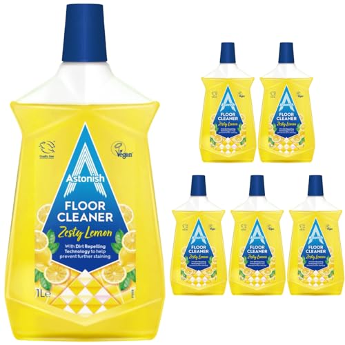 Astonish Zesty Lemon Powerful Floor Cleaner 1L x6 Solution with Dirt Repelling Technology Deep Cleans, Shines & Helps Prevent Future Stains Fresh Citrus Lemon Fragrance for Tiles, Vinyl Laminate Floor