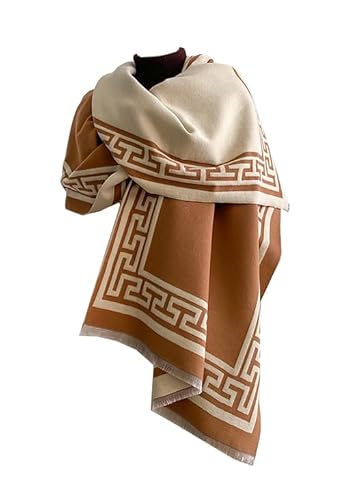 FairyCity Luxury Greek Key Pattern Cashmere Shawl, Camel and Cream