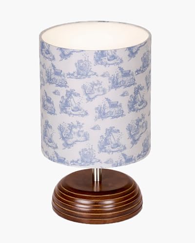 Image of Homesake Wooden Base Table Lamp with Fabric Drum Shade Aara | Warm Ambient Bedside Lamp for Bedroom, Living Room, Study, Office, Modern Classic Night Lamp Home Decor, (KD Toilet de jouy)