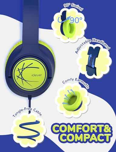 Image of iClever Kids Headphones, Childrens Headphones for Kids 85dBA Safe Volume Limit, Stereo Sound Foldable Over Ear, 3.5mm Jack Boys Girls Headphone for School /Travel /Tablet /PC, Blue Green