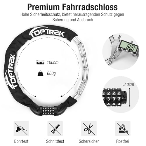 toptrek Fahrradschloss Zahlenschloss, Fahrrad schloss Hohe Sicherheit mit 5 stellig Zahlencode, 6mmx100cm Stahlkettenglieder Kettenschloss für Fahrrad/Motorrad/E-bike/Scooter (Schwarz)
