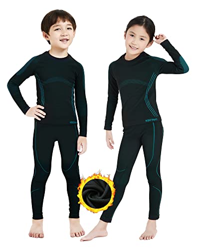 NOOYME Funktionsunterwäsche Kinder Skiunterwäsche Thermounterwäsche Kinder Atmungsaktiv & Hautfreundlich Sportunterwäsche Fussball Schwarz-hellblau (122/128) 120-125cm