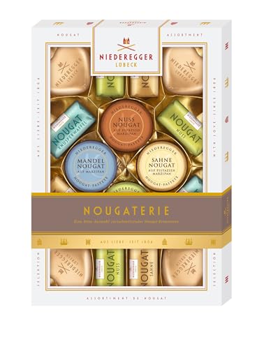 Niederegger | Nougaterie| 1x 206g | Auswahl an Nougat-Happen-, Herzen & mit Marzipan verfeinerten Pasteten | Umhüllt von Zartbitter- und Vollmilch-Schokolade | Nougatpräsent