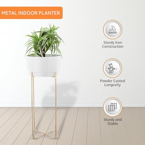 Image of amazon basics Metal Planter Flower Pot with Stand | for Home Decor | (Large) (White and Gold Finish)