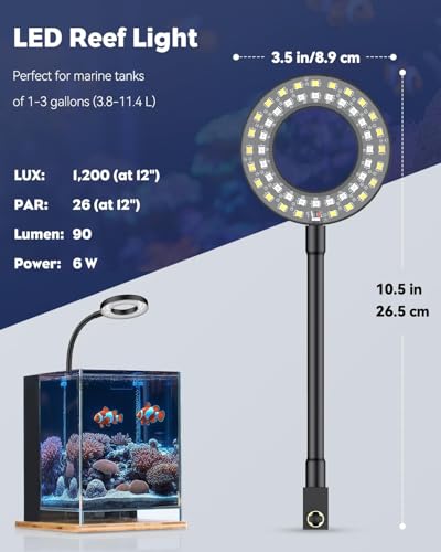Image of Pawfly Aquarium Light for 1-3 Gallon Saltwater Fish Tanks, Clip On LED Reef Light for Corals, Dimmable USB Aquarium Lamp with Full Spectrum Lighting and Timer (Adapter Not Included)