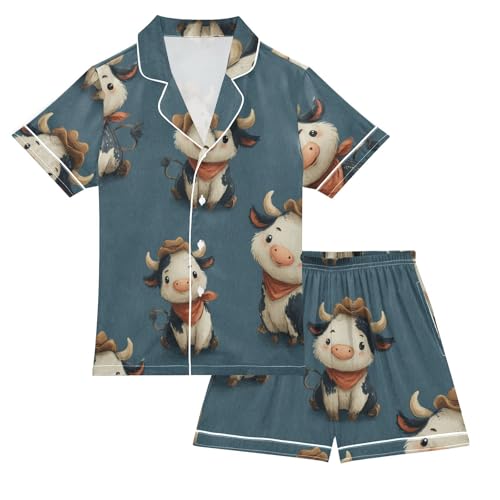 Satin Pajama Sets Short Sleeve Cow Pattern with Bandanas Button Down Silky Nightwear 2 Piece PJS 5Y,