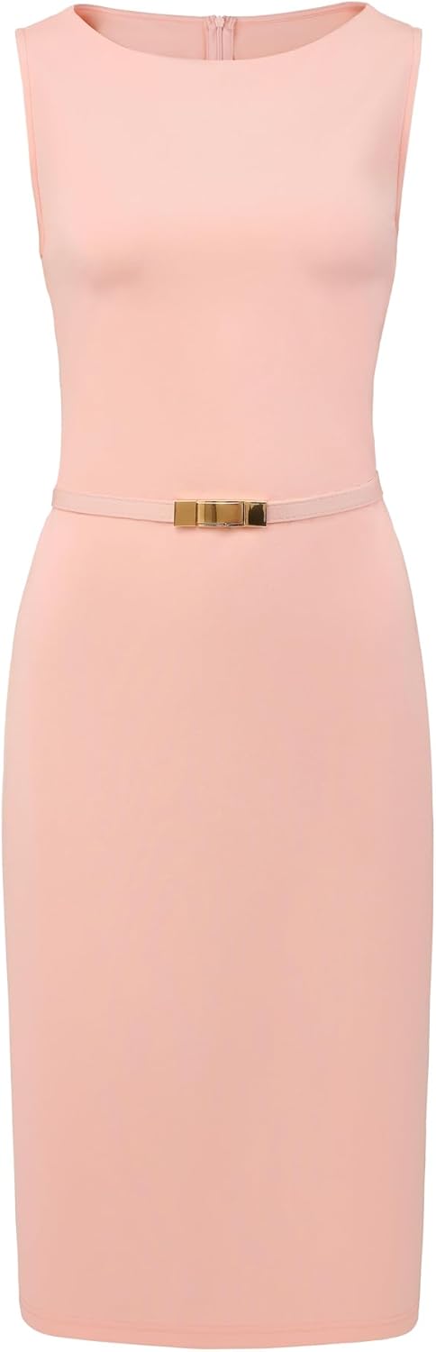 Women's Boat Neck Sheath Dress with Belt Work Office Sleeveless Pencil Dresses