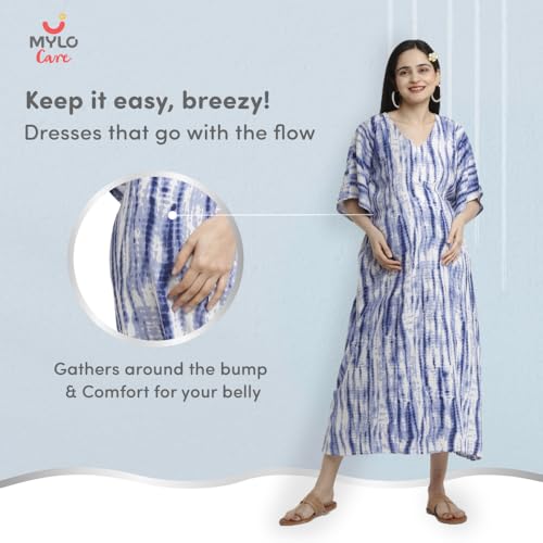 Image of Maternity Dress for Women with Breastfeeding Zippers | Kaftan Dress | Adjustable Belt for Growing Belly | Feeding Dress for Pre & Post Pregnancy