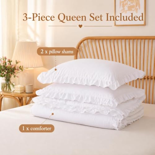 Image of JANZAA White Comforter Set King - Soft Microfiber, Lightweight All Season Bedding, Ruffle Shabby Chic Aesthetic, Breathable Cozy Bed Set with 2 Pillow Shams, Machine Washable