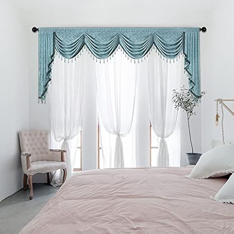 ELKCA Jacquard Waterfall Valance with Luxury Beads Blue Window Curtains Valance Living Room,Rod Pocket,1 Panel (Blue,W110) Cover