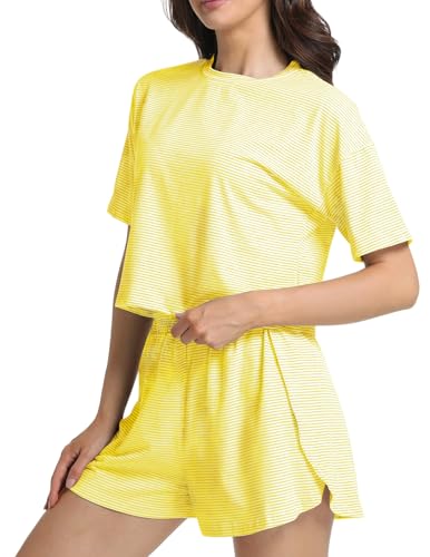 Image of Split Short Pajama Set Soft Women's Striped Pajama Sleeve Tee & Elastic Waist Shorts Lounge Sleepwear Yellow