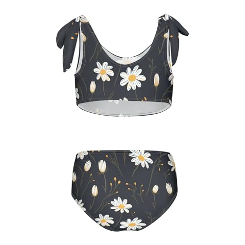 Girls' Bikini Set, White Daisy Black Kids Swimsuit 2 Pcs Beach Bathing Suit2