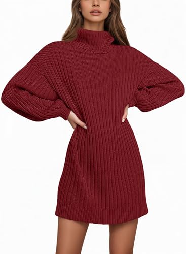 Saodimallsu Damen Strickkleid Langarm Rollkragenpullover Kleid Oversized Laternenärmeln Minikleid Casual Einfarbig Pullover Herbst Winter Weinrot M