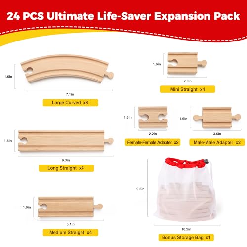 Image of Wooden Train Tracks 24 Pieces Set, Track Expansion Pack with Storage Bag - Includes Male /Female Adapters - 100% Compatible with All Major Brands Including Thomas, Brio, Melissa & Doug