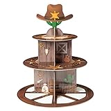 Picture of Haooryx Western Cowboy Party Cupcake Stand - 3 Tier Wild West Wooden House Barn Door Cupcake Tower Cardboard Dessert Holder for Western Cowboy Theme Birthday Party Baby Shower Table Decoration Supply