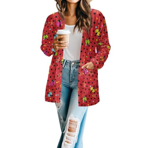 Image of Forchrinse Red Ladybug Cardigan for Women Causal Long Sleeve Open Front Cardigans Sweater Fashion 2024 Fall Coat with Pockets