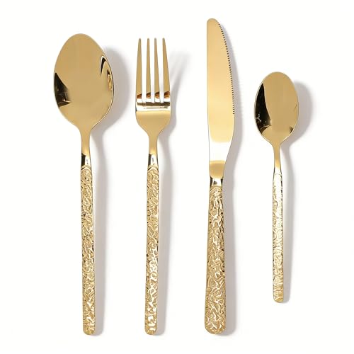 Fabater Juego de Cubiertos Dorados de 24 Piezas, Juegos de Cubiertos de Acero Inoxidable para 6, Incluye Cucharas, Tenedores, Cuchillos para Lavavajillas (Patrón De Piedra Oro)