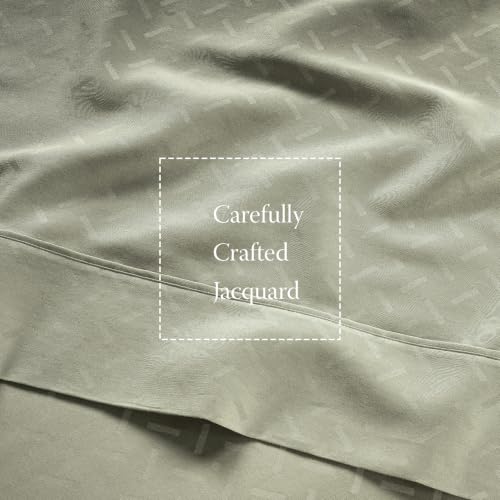 Image of Threadmill 300TC Cotton Queen Sheet Set, Sateen, Jacquard, Sage Green | 100% Cotton, Sateen Weave, Jacquard Pattern, 4-Piece Set, 16 inch Deep Pocket, All-Around Elastic, Cooling, OEKO-TEX Certified