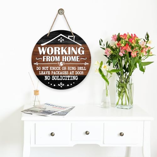 Image of Deroro No Soliciting Front Door Sign, Working from Home Wood Door Hanger Outdoor Outside Porch Decor, Please Do Not Knock Farmhouse Rustic Wooden Wreath Indoor Wall Hanging Decoration