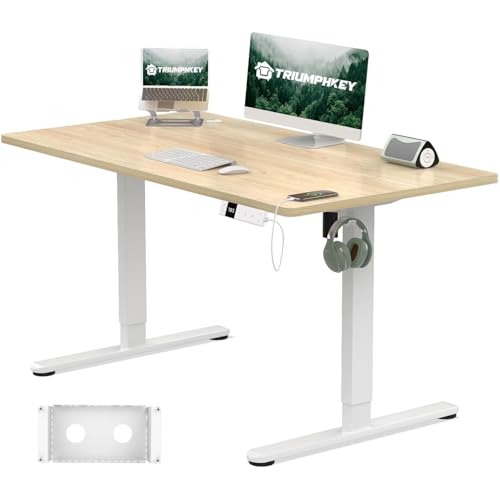 TRIUMPHKEY Höhenverstellbarer Schreibtisch 120x80cm mit Typ-C Ladeanschluss, Schreibtisch Höhenverstellbarer mit Kabel Management Tray, Standing Desk mit 3 Memory Funktion Weiß, Beige