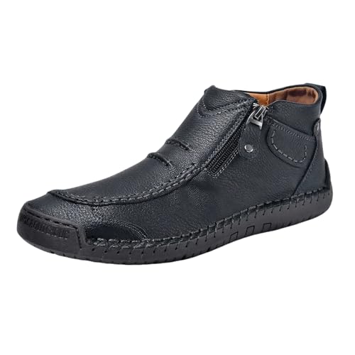 Men's Casual Handmade Leather Shoes, Mid-Cut Slip-On Loafers, Side Zipper Lightweight Driving Ankle Boots