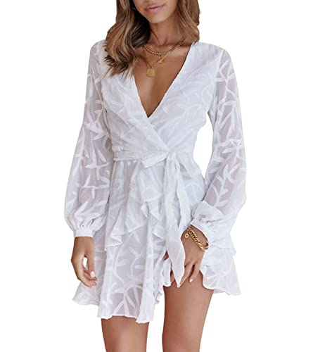 JOJJJOJ Damen Freizeitkleid Elegant Lange Ärmel Chiffon Krawatte Taille V Ausschnitt Midikleider, weiß, L Cover