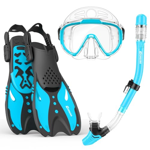 EMSINA Mask Fin Snorkel Set with Adult Snorkeling Gear, Panoramic View Diving Mask, Trek Fin, Dry Top Snorkel +Travel Bags, Snorkel for Lap Swimming(T3SkyblueSM)