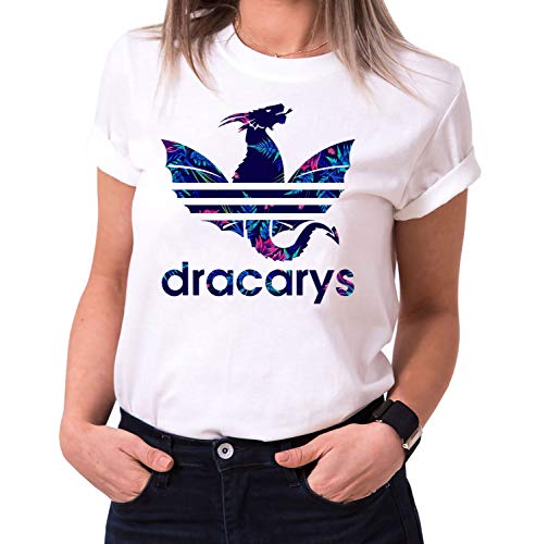 Dracarys Celia - Camiseta para Mujer de Cuello Redondo Targaryen Thrones Game of Stark Lannister Baratheon Daenerys Khaleesi TV BLU-Ray DVD, Größe2:Medium, Farbe2:Blanco