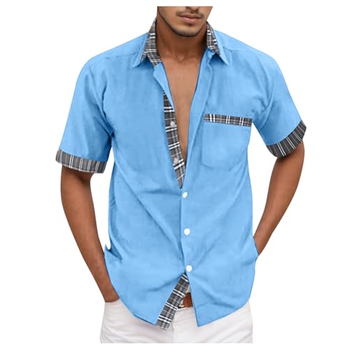 Rrongwn Camisa de verano para hombre, manga corta, no necesita planchado, de lino, elástica, cuello alto, camisa de verano de algodón de gran tamaño, camisa de lino para hombre, azul celeste, L