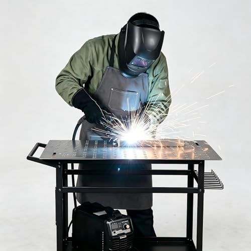 Image of 36x24in Welding Table 800LBS Mobile Workbench with 4 Wheels & Fixed Base | Movable Steel Work Bench with Side Pegboard, Hooks, Storage Tray, for Garage Workshop, Welding, Assembly and Repair