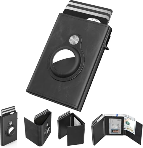 Image of Mens Pop Up Wallet for AirTag: Premium Genuine Leather, RFID Blocking, Smart, Minimalist, 9-14 Card Capacity, ID Window, Cash Slot (Black)