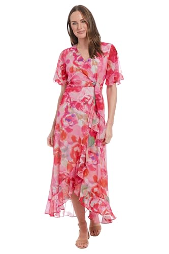Image of London Times Women's Watercolor Floral Wrap Maxi Dress - Elegant Chiffon Flutter Sleeve Asymmetrical Hem Cocktail Dresses