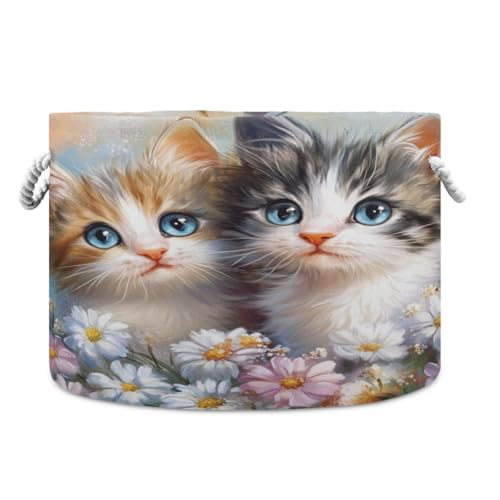 Round Storage Basket Two Cute Cats in Flowers Open Home Storage Bin 20 * 13.9in
