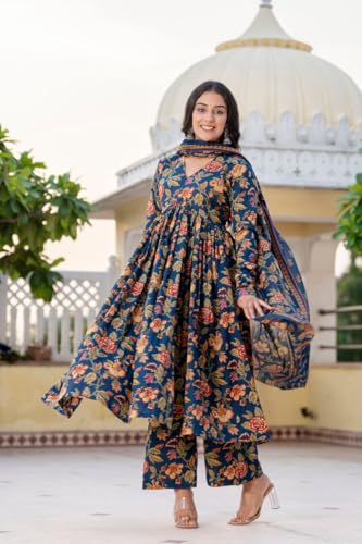 Image of MEERA FAB Women's Cotton Blend V-Neck Anarkali Printed Kurta with Palazzo & Dupatta