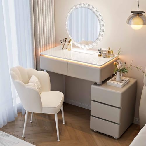 HSSTYLE Tocador de Maquillaje con Luces LED, Mesa de tocador con Espejo y Luces, tocador Compacto y pequeño para Dormitorio o Sala de Estar.,Gray with Chairs,80 * 40 * 76cm
