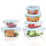 ROSOS Glass Food Storage Container with Airtight Lid - 6 Pack Leak Proof, Not Easy Broken & BPA Free, Freezer to Oven Safe, Blue
