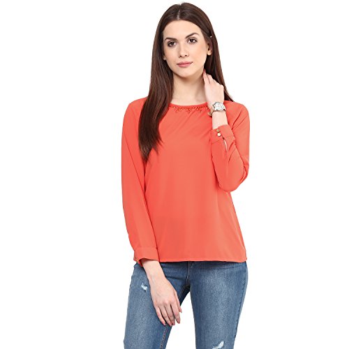 Image of RARE Coral Orange Georgette Top with Embellished Detail (EP1601)