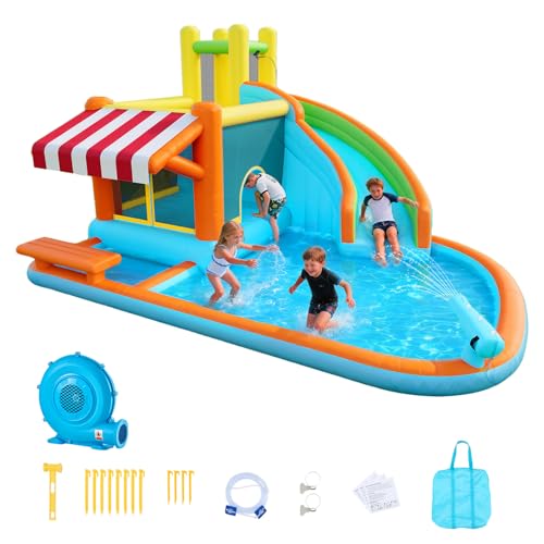 VEVOR Château Gonflable, Aire de Jeux Gonflable Extérieur avec Toboggan Aquatique, Kiosque de Jeu, Piscine, Zone de Saut, Canon à Eau, Souffleur Inclus,...